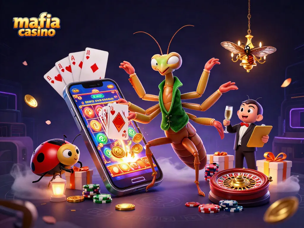 Mafia casino themed illustration featuring vibrant gameplay elements like slots, cards, and a lively casino environment.