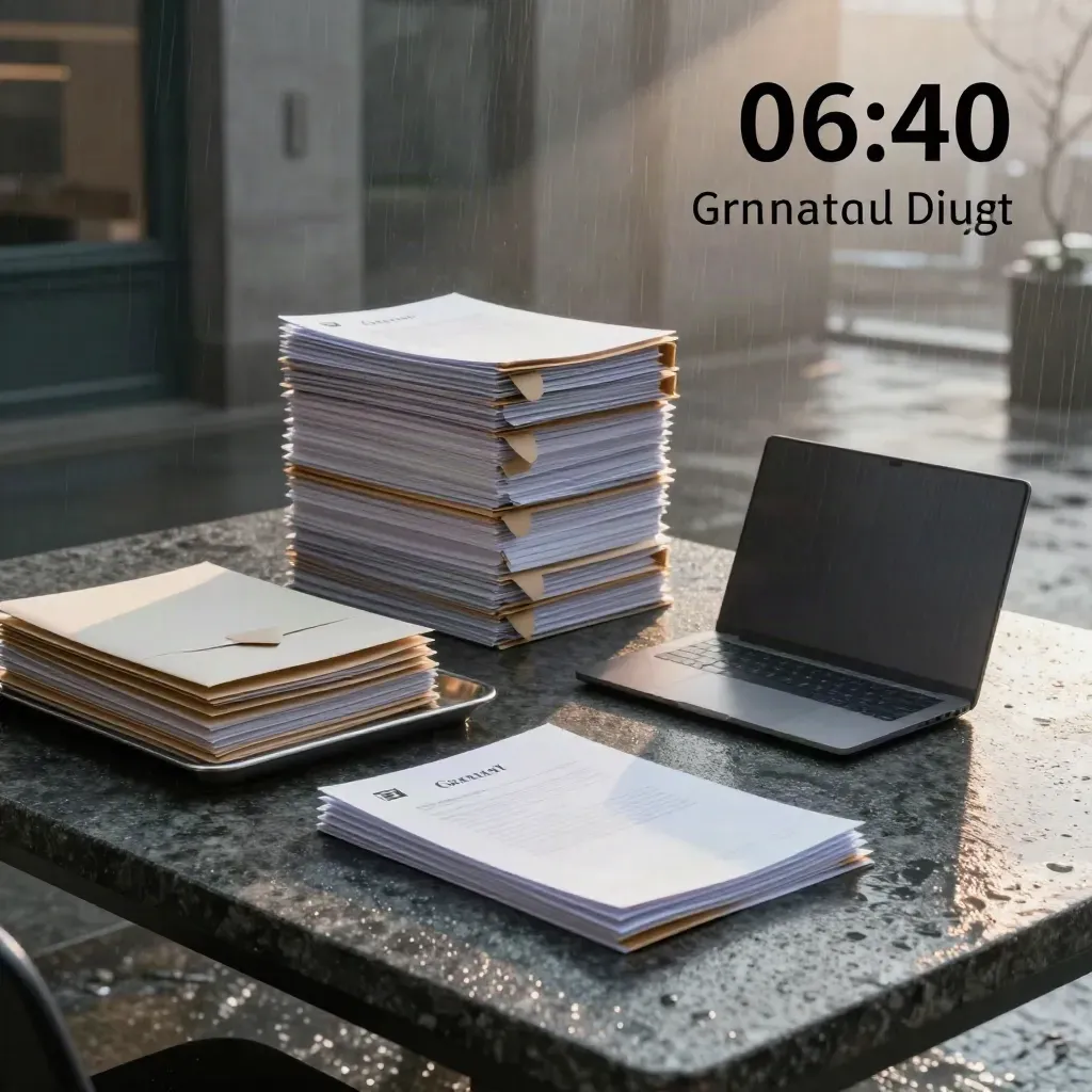 Dossier sigillati, buste e laptop chiuso su lastra di pietra, luce fredda e pioggia
