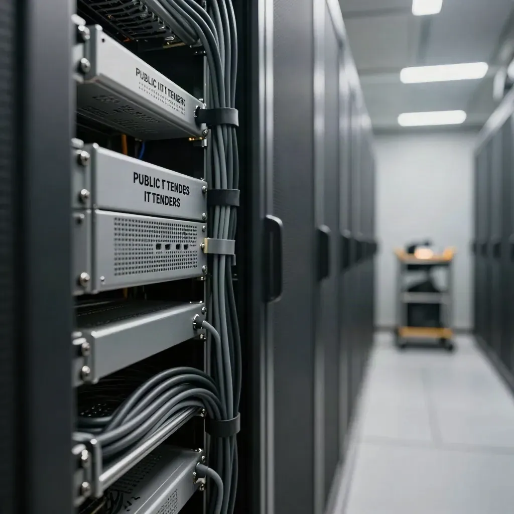 Corridoio di server room con rack, cavi e carrello tecnico nella foschia fredda
