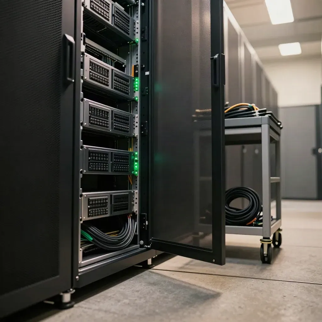 Corridoio di rack digitali aperto con carrello assistenza, cavi ordinati e luci verdi soffuse.