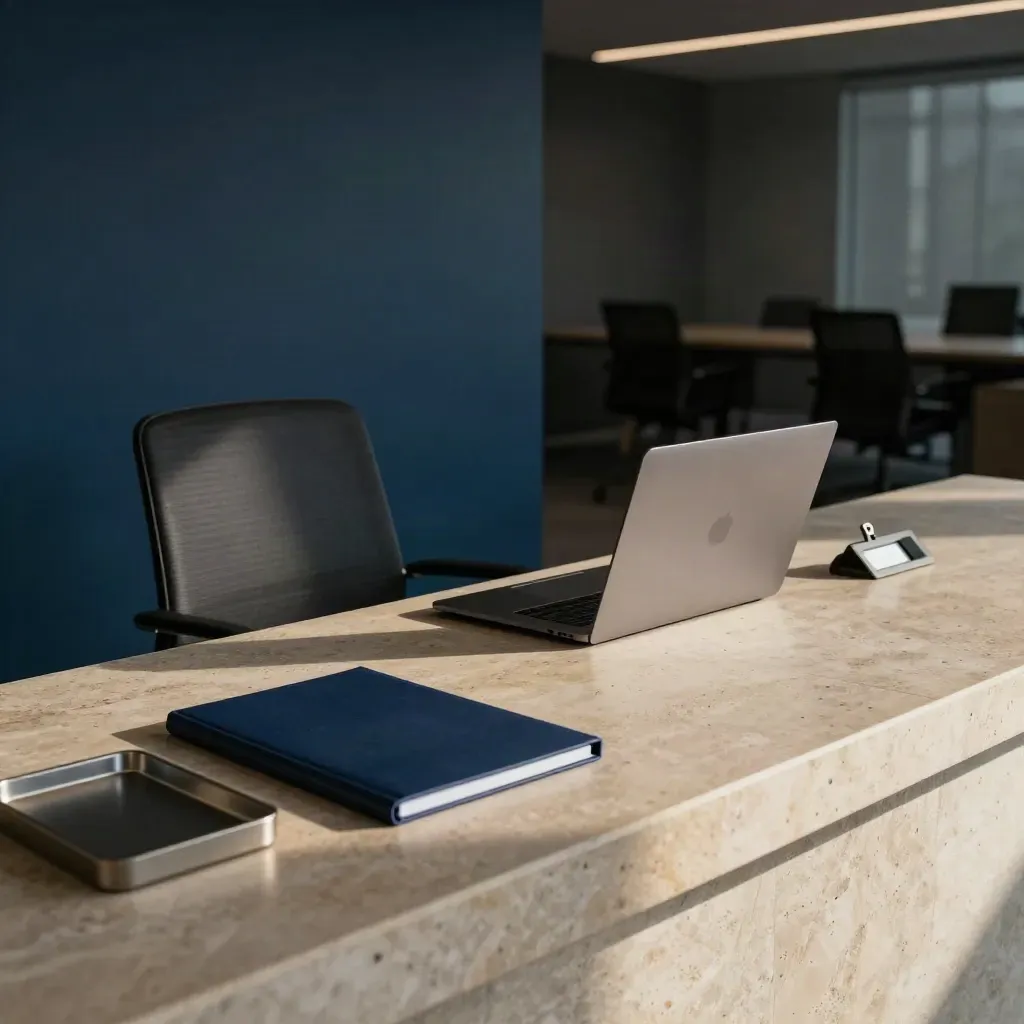 Postazione onboarding vuota con sedia, laptop chiuso, badge holder e cartellina in luce mattutina.