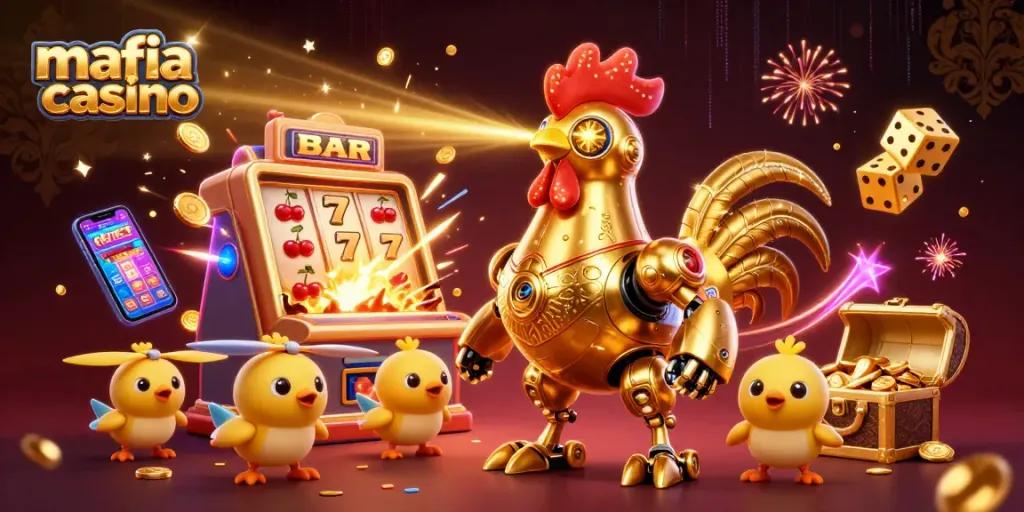 Mafia Casino brings excitement with a golden rooster robot amidst vibrant games and jackpot action.